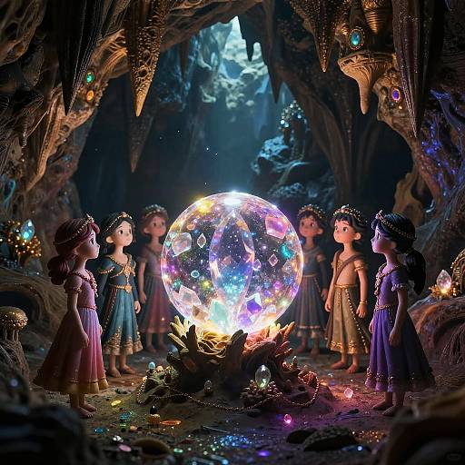 Fantastical cave scene: six fairy-like girls with black hair and colorful dresses gather around a glowing, multicolored crystal ball, surrounded by enchanted