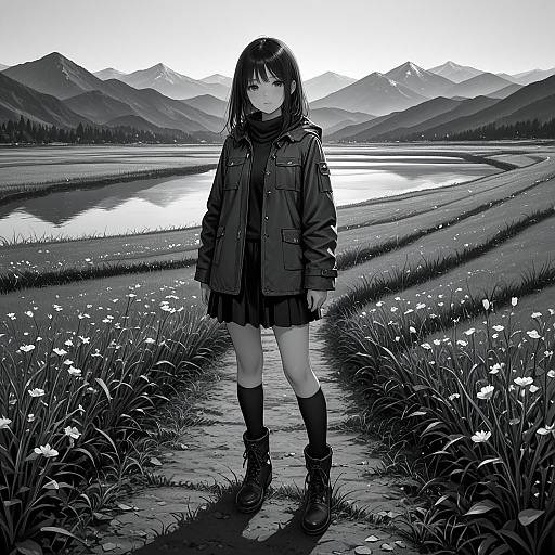 Monochrome Panorama: Girl at Mountain Lake