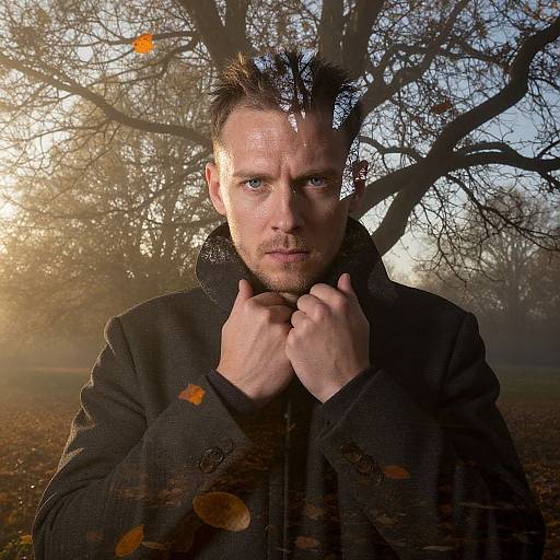 Photograph of a serious man with spiked hair, blue eyes, and light stubble, wearing a black coat, gripping collar, against a sunlit