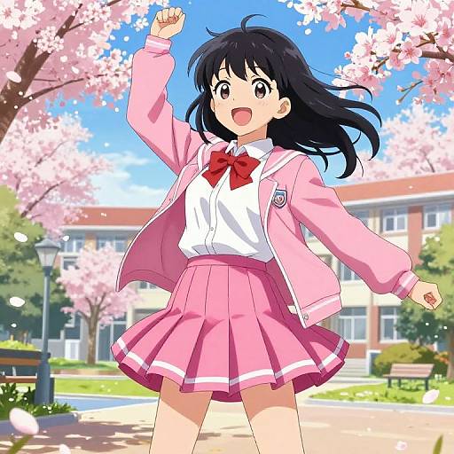 Anime-style illustration of a cheerful girl with long black hair, wearing a pink school uniform, raising her arm under cherry blossom trees. Bright blue sky and