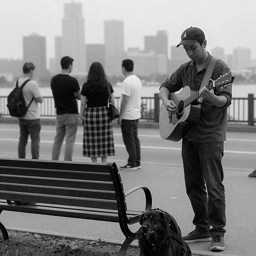 Street Guitarist and Dog with Skyline