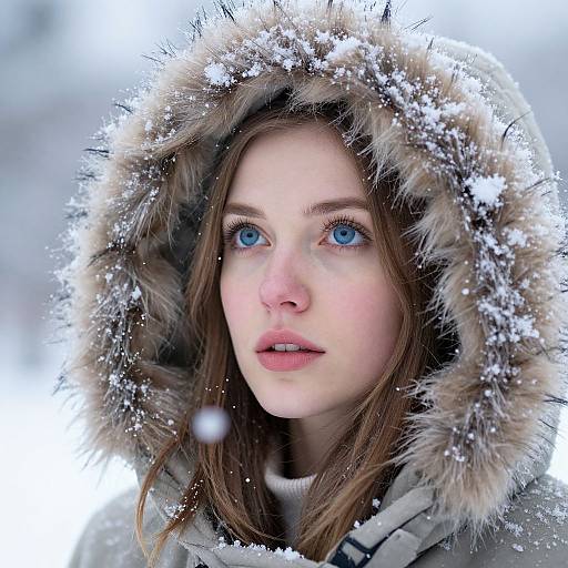 Photograph of a fair-skinned, blue-eyed young woman with long brown hair, wearing a fur-trimmed winter hood, gazing upward in