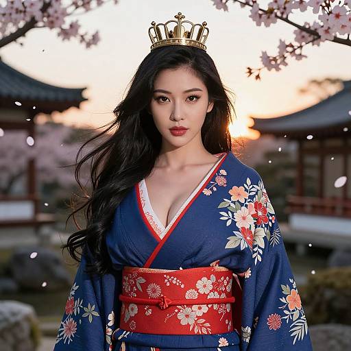 Photograph of an Asian woman with long black hair, wearing a blue floral kimono, red obi, and golden crown, standing in front of
