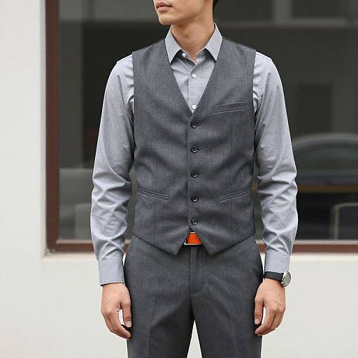 Photograph of a man in a dark gray three-piece suit with light blue shirt, black buttons, and a black watch. Background shows a blurred window