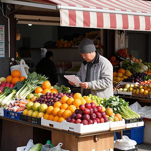 Photograph of a middle-aged man in a gray jacket and black knit hat, reading at a vibrant outdoor fruit market stall under a red-and-white striped