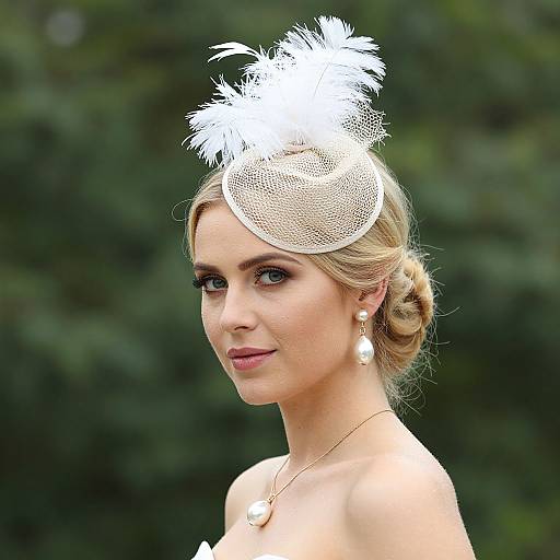 Photograph of a blonde woman with fair skin, blue eyes, wearing a white feathered fascinator, pearl earrings, and necklace, against a green