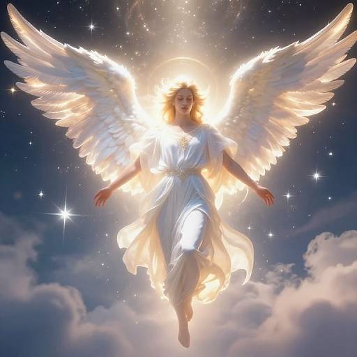 Photographic-style digital illustration of a glowing, radiant angel with large, luminous white wings, wearing a flowing white gown, floating above clouds in a