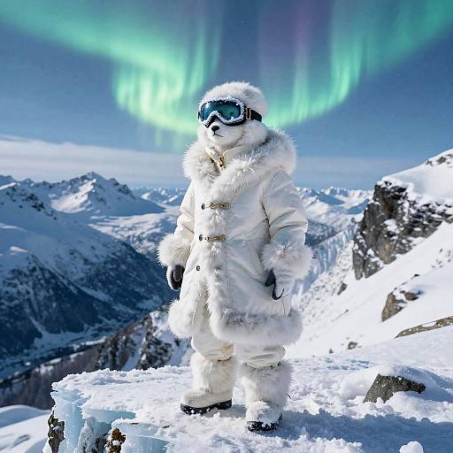 Photograph of a snowboarder in a full white, furry snowsuit, standing on a snowy mountain peak, with vibrant green auroras in the