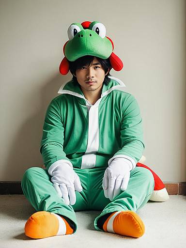 Man in Yoshi Costume Sitting on Floor