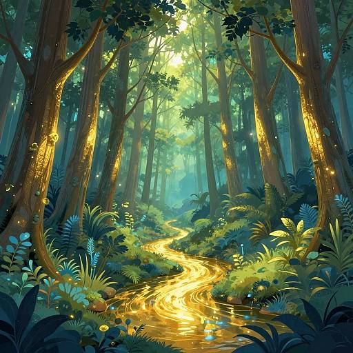 Digital artwork of a vibrant, enchanted forest with a glowing, golden stream winding through lush, green foliage and tall trees.