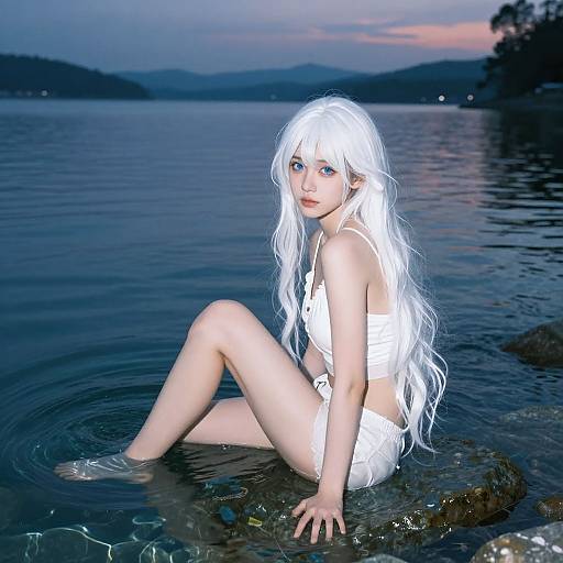 Digital artwork of a pale-skinned, blue-eyed girl with long white hair, sitting in a calm lake at dusk, wearing a white crop top and