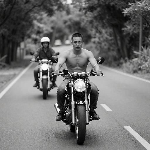 Black-and-White Shirtless Motorcyclist on Road
