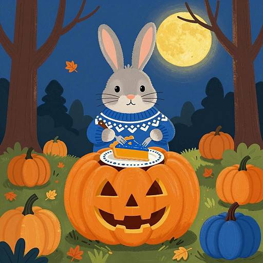 Chubby Bunny with Pumpkin Pie in Autumn Forest