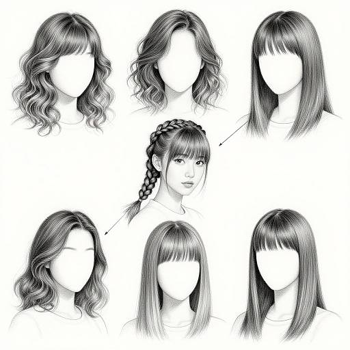 Black-and-white digital sketch of seven faceless women with diverse hairstyles: wavy, curly, braided, and straight with bangs.