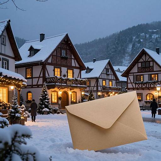 Photograph of a snowy, alpine village with half-timbered houses, illuminated windows, and a large, open, beige envelope in the