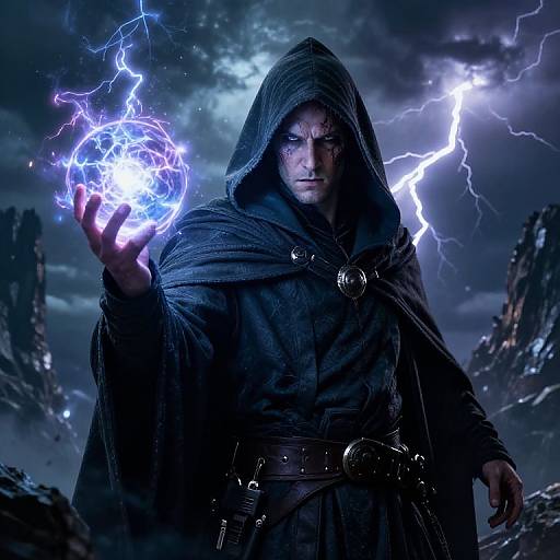 Photograph-style digital art of a muscular, hooded man with intense eyes, holding a glowing, electric blue lightning sphere against a stormy, mountain
