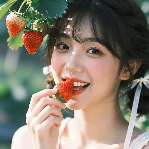 Charming Girl with Strawberry in Garden