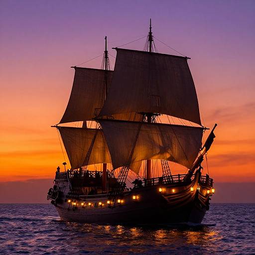 Ancient Sailing Ship at Sunset