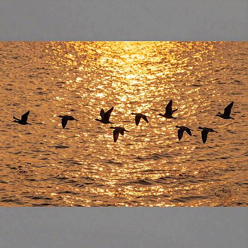 Photograph of a sunset over a shimmering, golden-orange ocean with a flock of silhouetted birds in mid-flight.