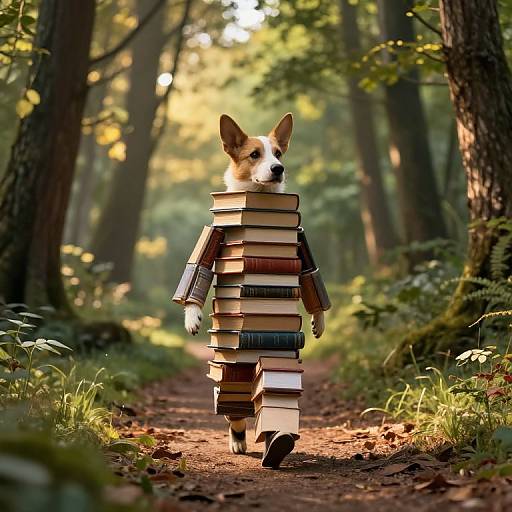 Dog Figure Made of Stacked Books in Forest