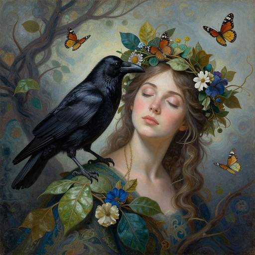 Digital painting of a fair-skinned, wavy-haired woman with closed eyes, wearing a leafy flower crown, beside a black crow, surrounded by