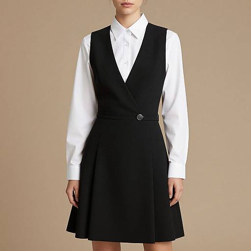 Photograph of a woman in a black sleeveless dress with white long-sleeve shirt, buttoned at the waist, against a beige background.