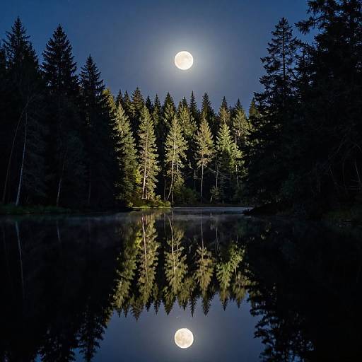 Photograph of a moonlit forest with tall, dark pine trees reflected in a calm, black lake, under a clear, deep blue night sky.