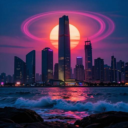 Photograph of a futuristic cityscape at sunset, with neon pink and purple rings around a glowing sun, towering skyscrapers, and waves crashing in