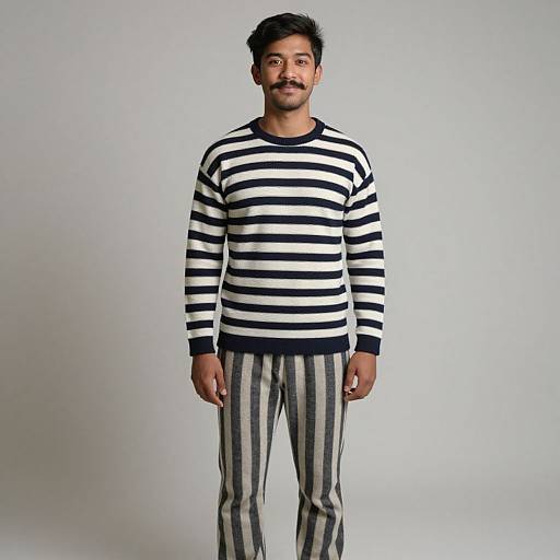 Photograph of a South Asian man with short black hair and mustache, wearing a black and white striped sweater and gray-striped pants, standing against a