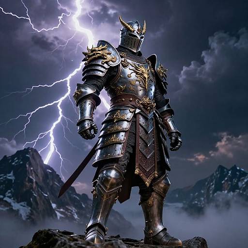 Digital artwork of a powerful, armored warrior with gold accents, standing on a rocky peak under a dramatic, lightning-filled, mountainous sky.