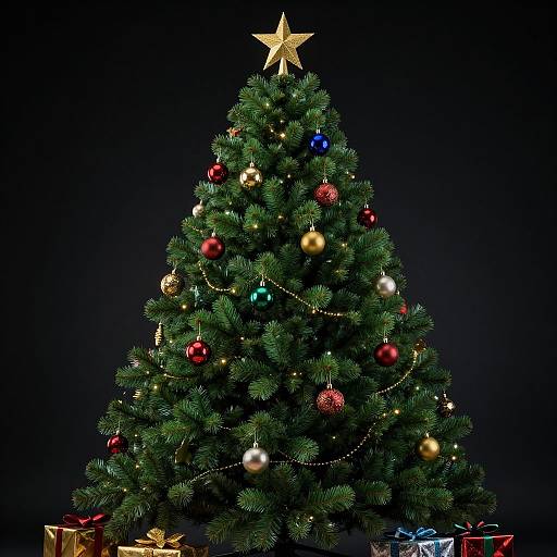 Photograph of a decorated Christmas tree with a gold star top, red, blue, gold ornaments, and gifts at its base against a black background.