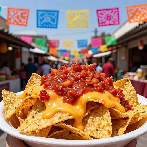 Photograph of a bowl of cheese-covered tortilla chips with chunky red salsa, set in a vibrant outdoor market with colorful papel picado banners overhead