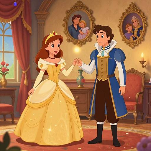 Disney-style illustration of a fairytale couple, prince in blue coat, princess in yellow gown, holding hands in a warmly lit, ornate room