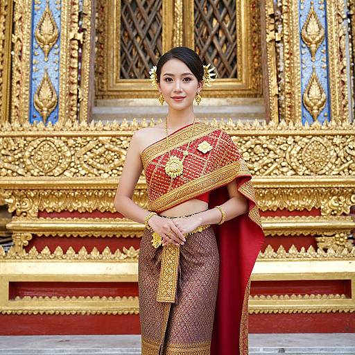 Photograph of an Asian woman with black hair in a traditional red and gold Thai silk sari, standing in front of an ornate, gold-