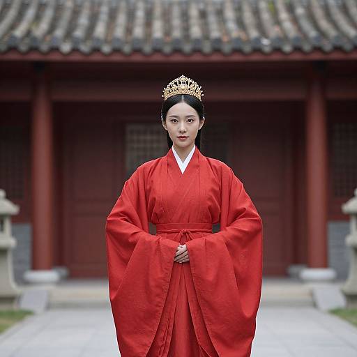 Photograph of a Korean woman in a vibrant red traditional hanbok, gold crown, standing in front of a traditional wooden building.