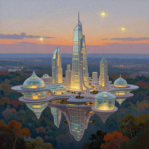 Digital illustration of a futuristic, glowing cityscape at sunset, featuring floating skyscrapers with domed roofs, surrounded by a dense forest. Sky is