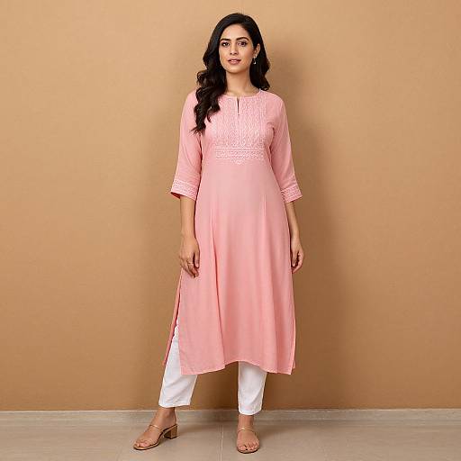 Photograph of a young woman with long black hair, wearing a pink salwar kameez with white pants, and beige sandals, standing against a