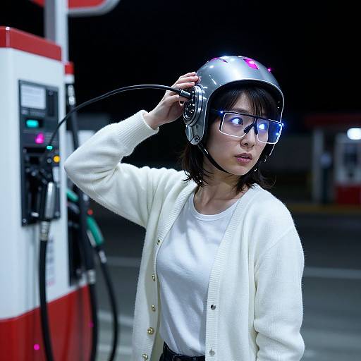 Photograph of an Asian woman in a white cardigan and white shirt, wearing a silver helmet with headphones and blue glasses, adjusting her headphones at a