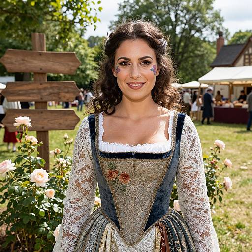 Photograph of a smiling woman with dark, wavy hair, wearing a Renaissance-style dress with lace sleeves and floral embroidery, face painted with blue dots
