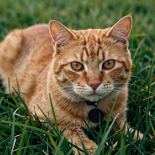 Photograph of an orange tabby cat with striking yellow eyes and a black collar, lying in green grass, looking directly at the camera.