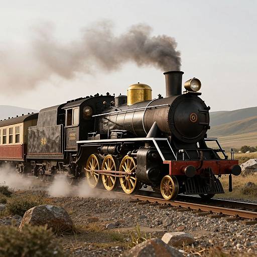 Photograph of a vintage black steam locomotive with gold wheels, emitting smoke, pulling a red and cream passenger car through a rocky, grassy countryside