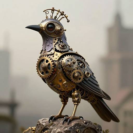 Steampunk-style mechanical bird with gears, cogs, and a small crown, standing on a rock against a blurred, foggy cityscape.