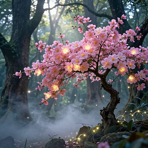 Photograph of a pink cherry blossom tree with glowing fairy lights, set against a misty forest background with towering trees.