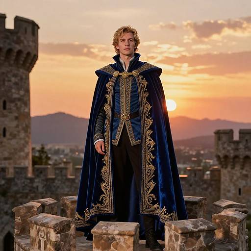 Photograph of a young man with curly blonde hair, wearing an elaborate blue velvet cape with gold embroidery, standing on a medieval stone parapet at