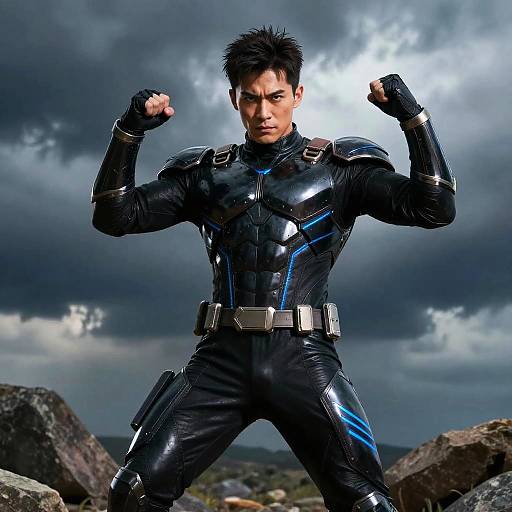 Photograph of a muscular Asian man in a black, blue-accented superhero suit, flexing his arms, standing against a stormy sky with