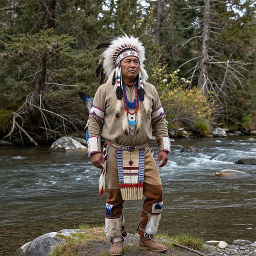 Photograph of a Native American man in traditional attire, standing by a river in a forest, wearing a white feathered headdress, beige tunic