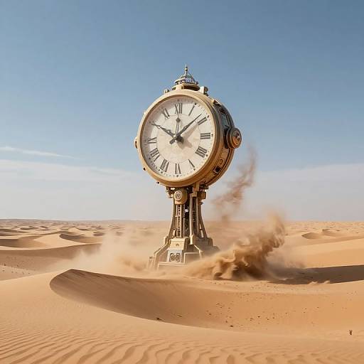 Photograph of a large, ornate clock with Roman numerals standing in a sandy desert, surrounded by swirling dust clouds under a clear blue sky.