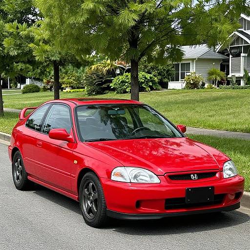Photograph of a bright red, mid-90s Nissan sports sedan parked on a suburban street, with green trees and houses in the background.