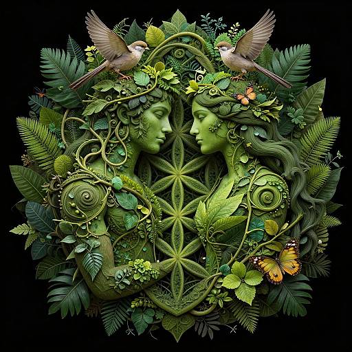 Digital artwork of two green, symmetrical faces surrounded by intricate, leafy vines, butterflies, and birds, forming a circular, nature-inspired design.