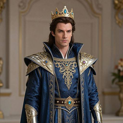 Photograph of a handsome man with long brown hair, wearing an ornate blue royal robe, gold crown, and intricate armor, standing in an op